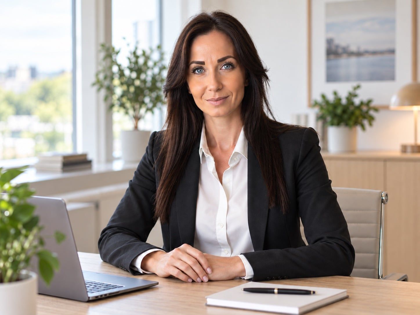 Mette ved skrivebordet med en bærbar computer foran sig